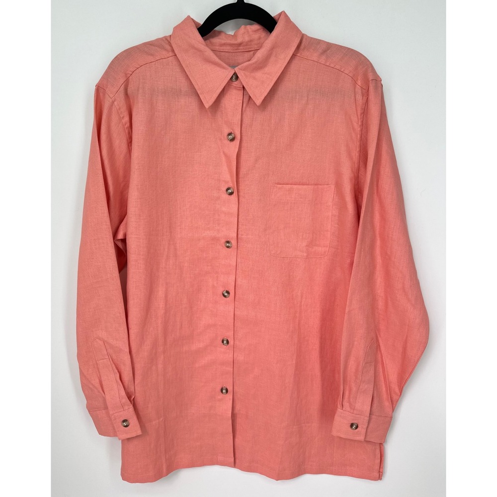 Vintage Real Comfort 100% Linen Shirt Women's M Coral Pink Button Up Korea NWOT